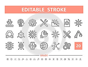 Engineering and innovation 20 line icons. Vector illustration in line style. Editable Stroke, 64x64, 256x256.