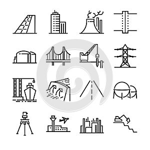 Engineering line icon set. Included the icons as building, dam, industrial, silo, power plant, estate and more.