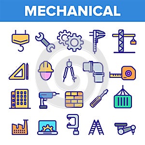 Engineering Line Icon Set Vector. Technician Design. Machinery Engineering Icons. Industrial Factory Production. Thin