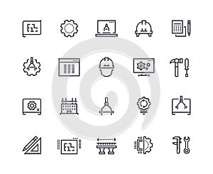 Engineering line icons. Work project, mechanical and electrical engineering. Measuring, development and production