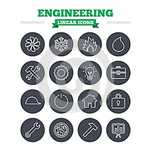 Ingeniería lineal iconos colocar. delgado describir sellos 