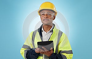 Engineering, man and tablet for inspection, thinking of renovation or project management on blue background