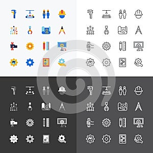 Engineering and manufacture silhouette icons set flat thin line design vector