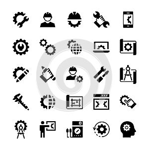 Engineering and manufacturing icon set in flat style. Vector symbols