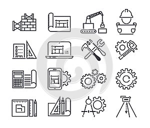 Engineering and manufacturing vector icon set in thin line style