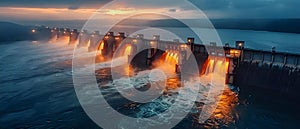 Engineering Marvel: Hydroelectric Power at Dusk. Concept Engineering Marvel, Hydroelectric Power,