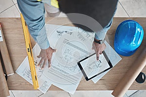 Engineering, person hands and tablet blueprint, construction planning or renovation design on tablet above. Architecture