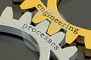 Engineering processes concept on the gearwheels, 3D rendering