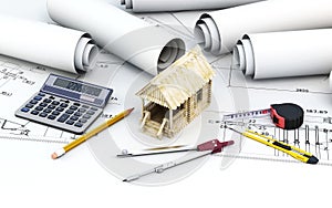 Engineering project architect with tools and wooden house