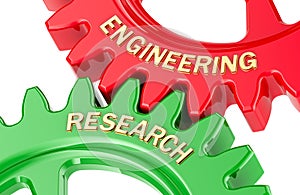 Engineering Research concept with colored gearwheels. 3D rendering