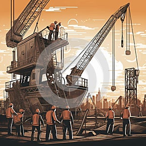 Engineering Team at Construction Site with Cranes and Machinery