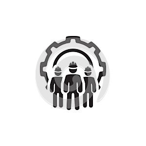 Engineering Team Icon. Three Men and Cog Wheel. Development Symbol.