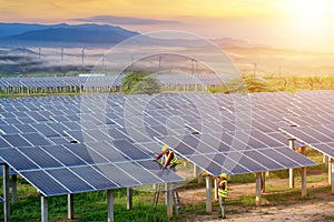 Engineering team inspecting or repairing solar cells