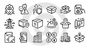 Engineering team, Technical documentation and Lighthouse line icons set. Vector