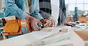 Engineering, teamwork or hands of carpenter in workshop manufacturing furniture woodwork. Closeup, production tools or