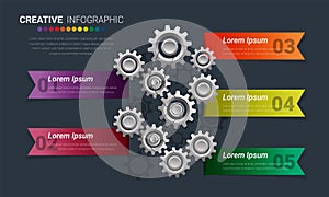 Engineering tech progress business presentation 5 steps, gear infographic illustration