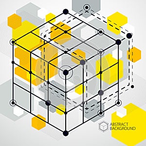 Engineering technological yellow vector 3D wallpaper made with cubes and lines. Illustration of engineering system, abstract
