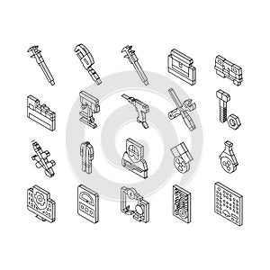 engineering tool work wrench isometric icons set vector
