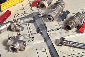 Engineering tools and details on a technical drawing. Caliper and ruler