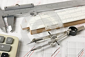 engineering tools on technical drawing