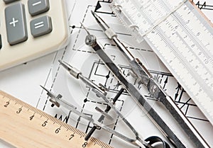 engineering tools on technical drawing