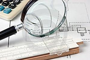 engineering tools on technical drawing