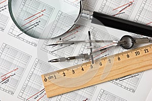 engineering tools on technical drawing