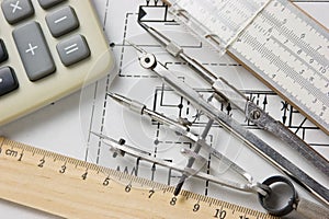 engineering tools on technical drawing