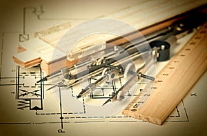 engineering tools on technical drawing