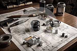 Engineering tools on a technical drawing. Selective focus. Toned. Engineering and technician drawings and designs on table, AI