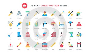 Engineering works, construction industry equipment flat color icons set.