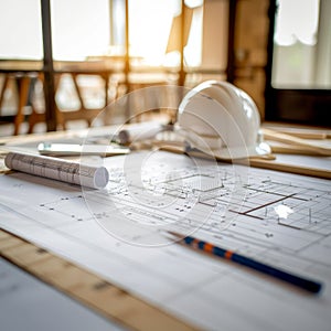 Engineering workspace with blueprints, helmets, and tools for planning and construction.