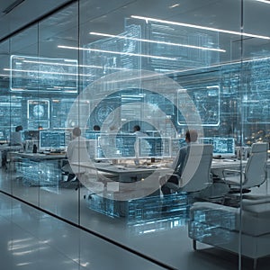 Futuristic control room filled with computer workstations and digital holographic data projections glowing in blue light.