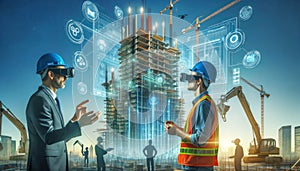 Engineers in AR headsets collaborating on a futuristic construction site with holographic blueprints and digital interfaces