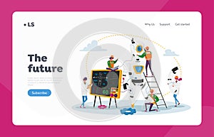 Engineers Characters Make and Programming Robot Landing Page Template. Robotics Hardware and Software Engineering