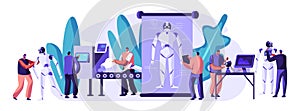 Engineers Characters Making and Programming Robots. Robotics Hardware and Software Engineering in Laboratory with Hi-Tech