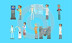 Engineers creating and programming robots set. Scientists creating artificial intelligence vector illustration