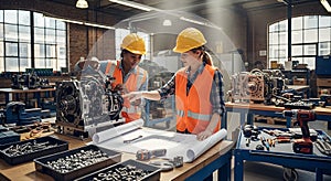 Engineers inspecting engine in industrial workshop