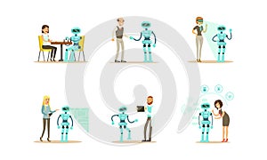 Engineers Making, Programming and Designing Robots Set, Artificial Intelligence Technology Cartoon Vector Illustration