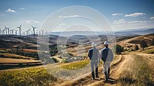 Engineers in protective headgear surveying wind turbines with rolling