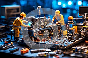 engineers repairing motherboard, laptop