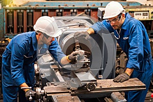 Engineers and skilled technicians are maintaining machinery. Engineers are working and repairing machines in industrial