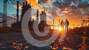 Engineers standing on Gas turbine electrical power plant with in sunset, Power for factory energy concept