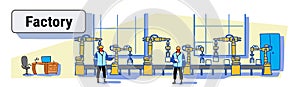 Engineers in uniform controlling factory production conveyor automatic assembly line machinery automation industry