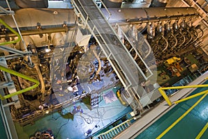 Engineers work on a huge marine engine