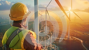 Engineers and workers wearing safety harnesses work on wind turbines in the maintenance of wind power generation