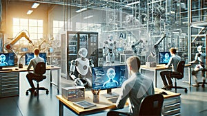 Engineers Working on Advanced AI Robots in High-Tech Robotics Lab