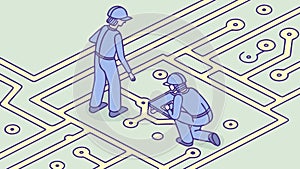 Engineers Working on Circuit Board, Tech Development, Problem Solving, vector design Generative AI