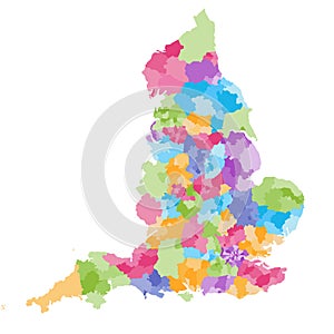 England ceremonial counties and their districts vector map. Each county distinctions between each other by different color palette