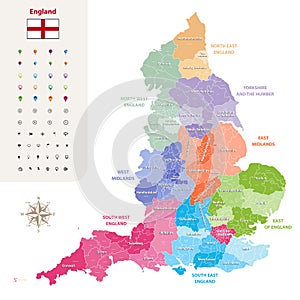 England ceremonial counties vector map colored by regions photo